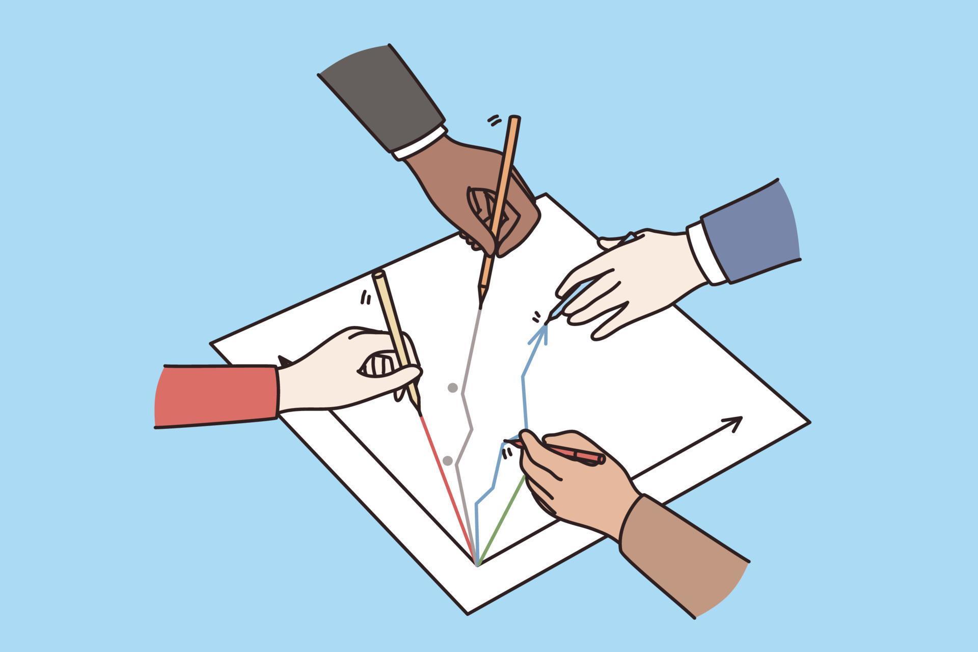 Business development, workshop and strategy concept. Hands of business people team charting drawing success arrows together vector illustration Stock Free