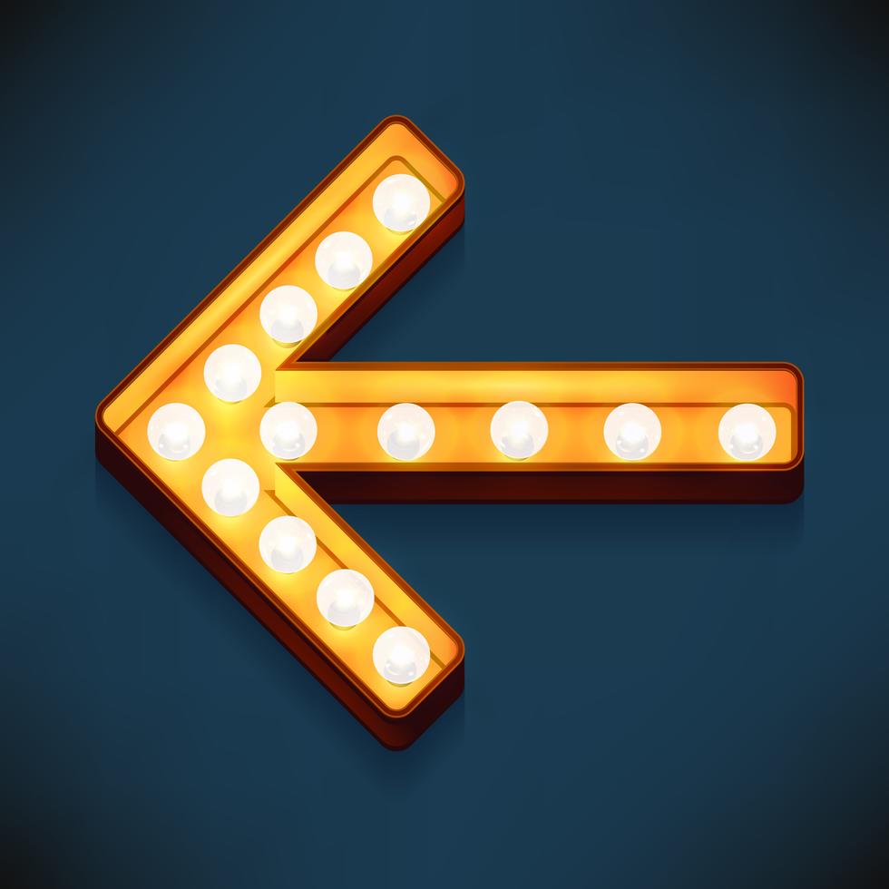 Vector realistic 3d volumetric icon on marquee sign short arrow looking left lit up with electric bulbs Stock Free