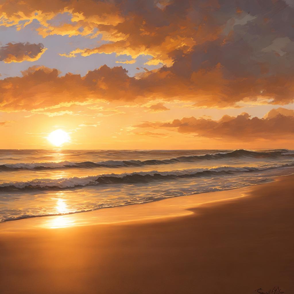 “Beach sunset, sandy shore, by @ai_generated