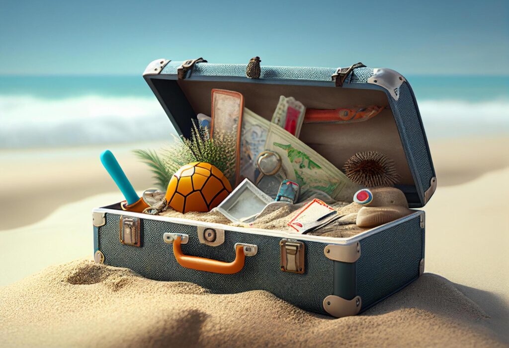 Travel suitcase with travel stuff on the beach. 3d illustration. Stock Free