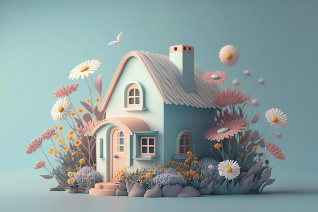 Home with flowers, pastel colors, on blue background. Creativity of human. 3d render and illustration Stock Free