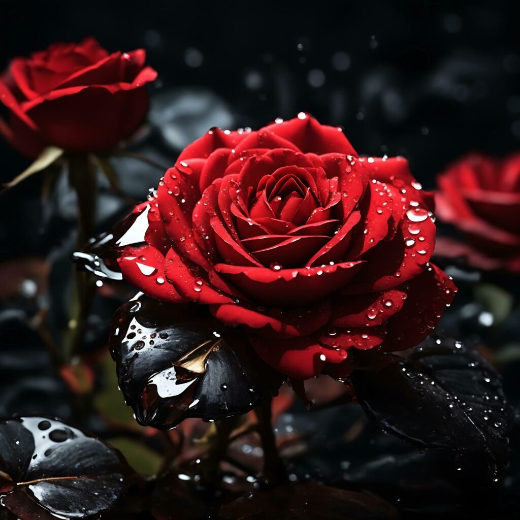 A Red Rose Flower With Water Drop In Dark Theme Generative Ai Stock Free