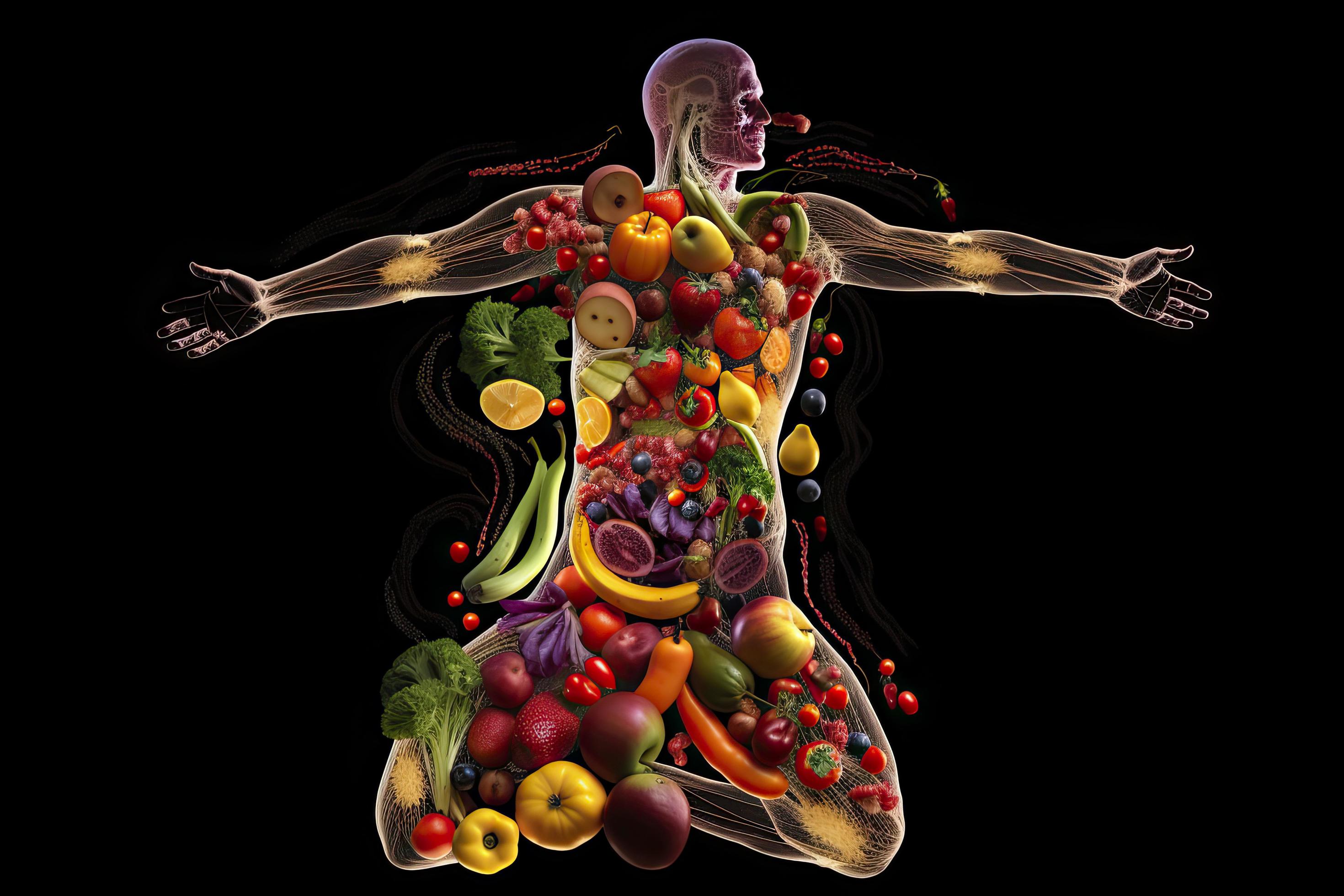 outline of a human with bolts of energy running through the body, the body is surrounded by fruit Stock Free