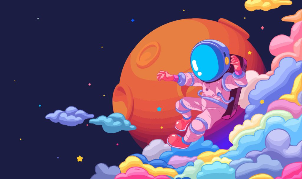 A horizontal illustration of astronauts exploring space with stars and planets in the background Free Vector