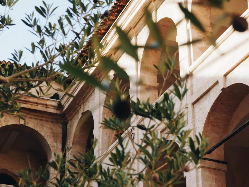 Beige building through green leaves Stock Free