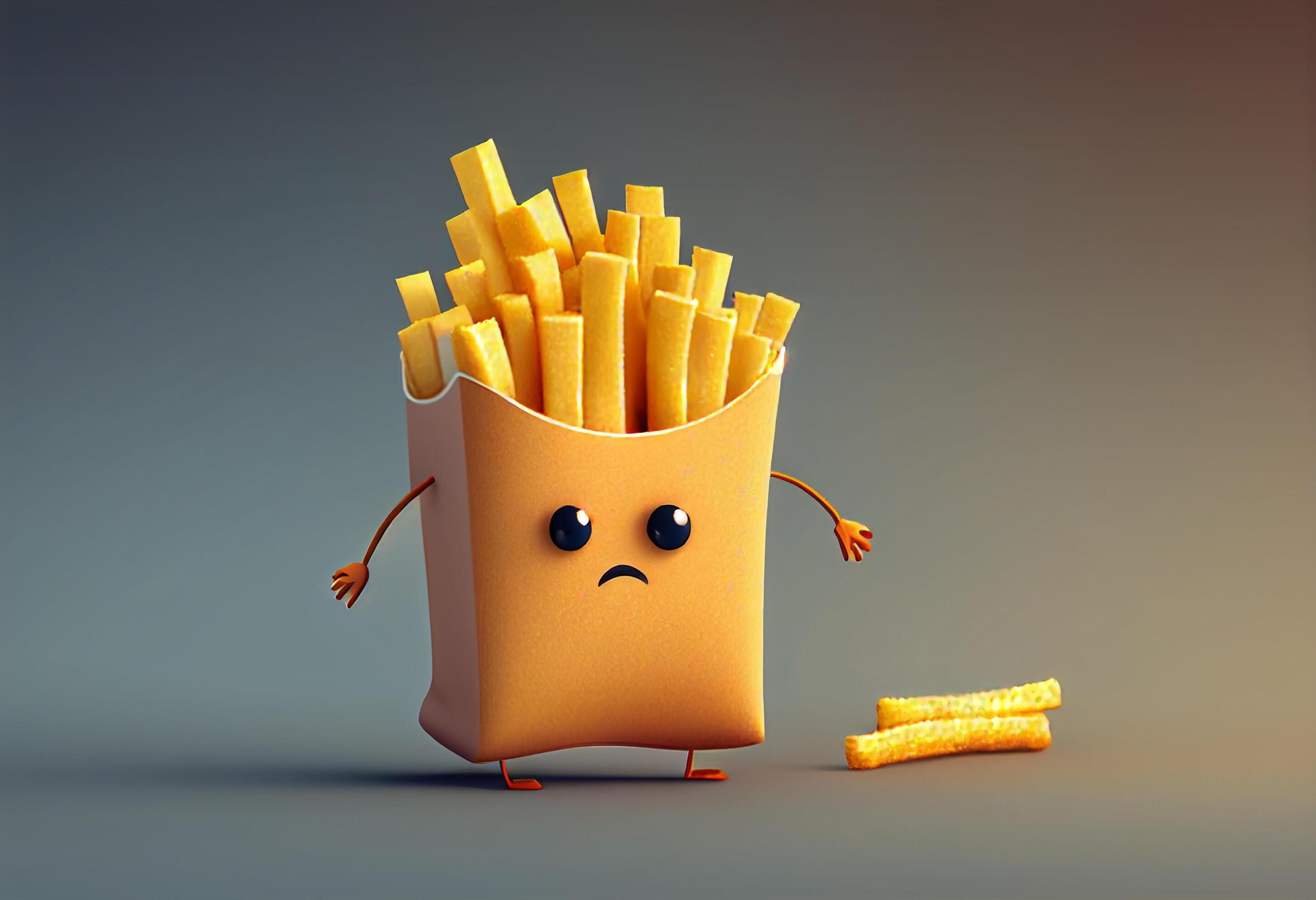 Cute fast food french fries character with sad face. 3d illustration Stock Free