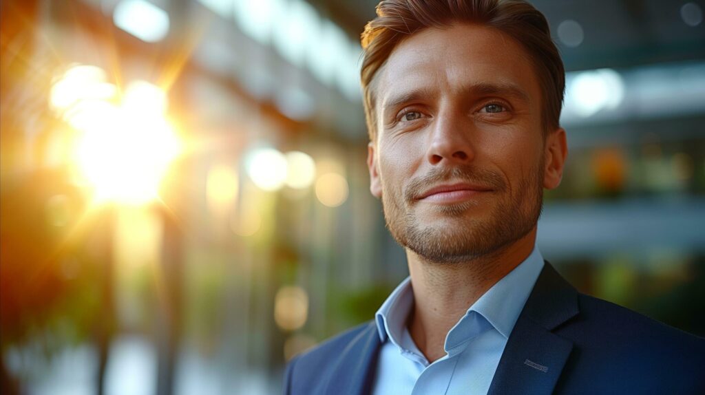 Confident businessman smiling outdoor with sunset in background Free Photo