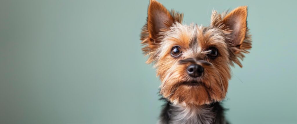 Yorkshire Terrier Looking Directly at Camera Against Teal Background Stock Free