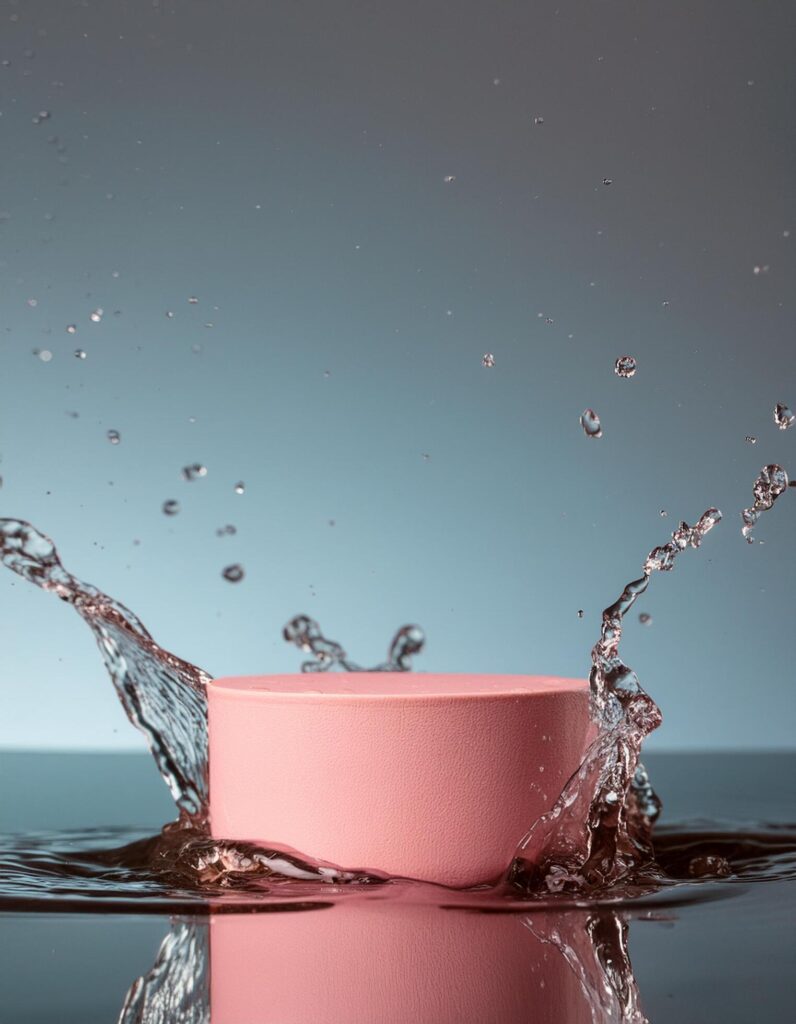 empty pink podium mockup with water splash on a blue gradient background for product display Stock Free