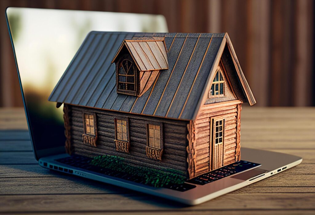 Real estate concept. Wooden house model on laptop screen. 3d illustration Stock Free