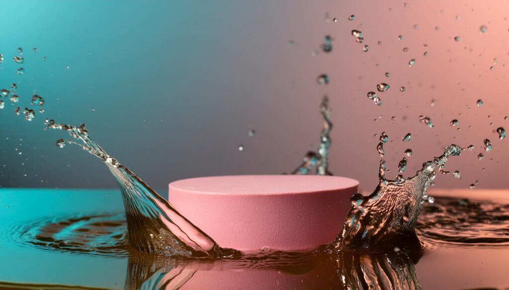 empty pink podium mockup with water splash on a gradient background for product display Stock Free