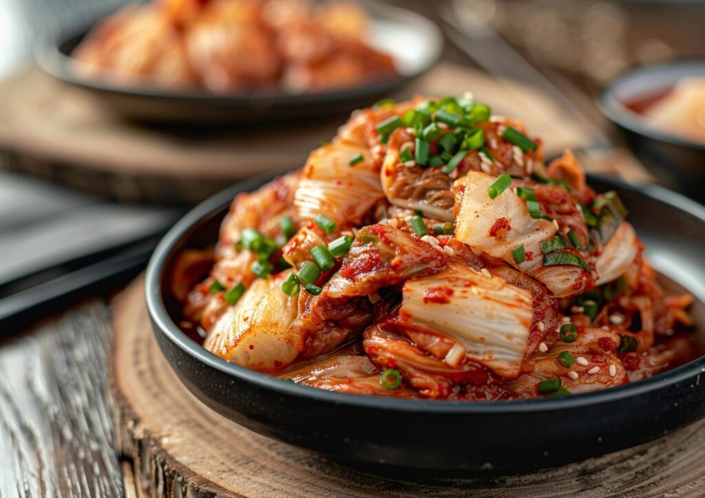 Close up Korean homemade food, Kimchi cabbage in black bowl generated by AI. Free Photo