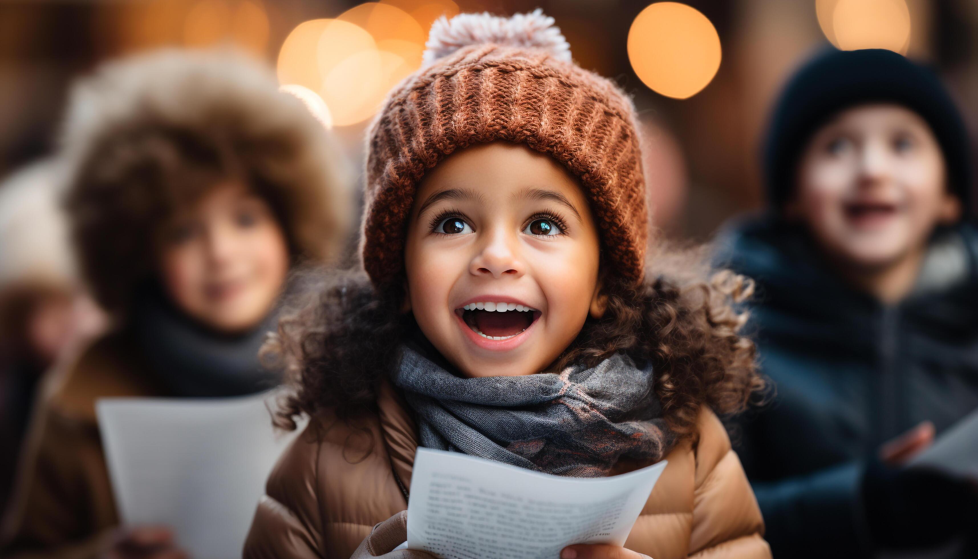 AI generated Smiling children enjoying winter outdoors, cute and cheerful family bonding generated by AI Stock Free