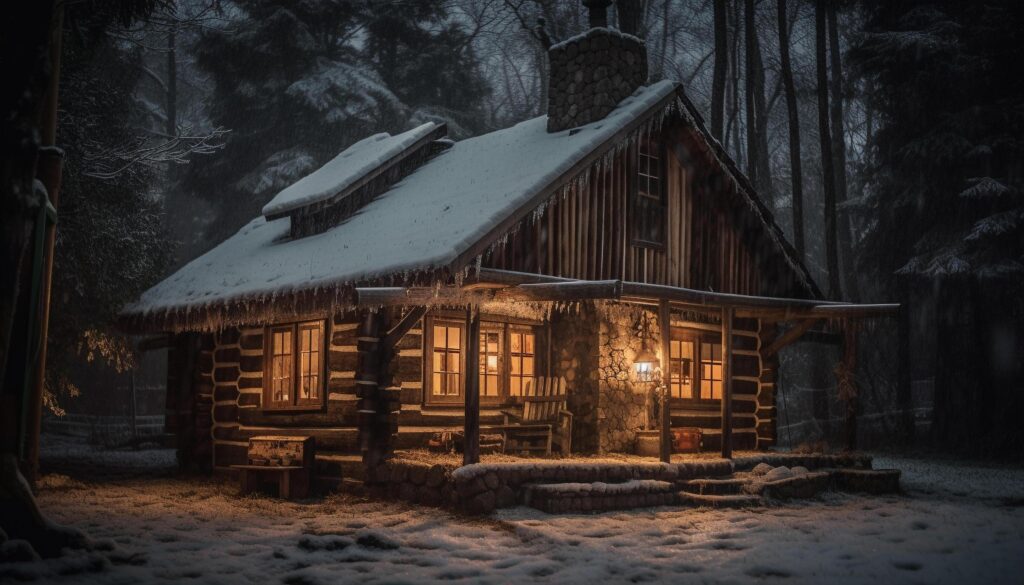 Snowy old hut in dark forest landscape generated by AI Stock Free