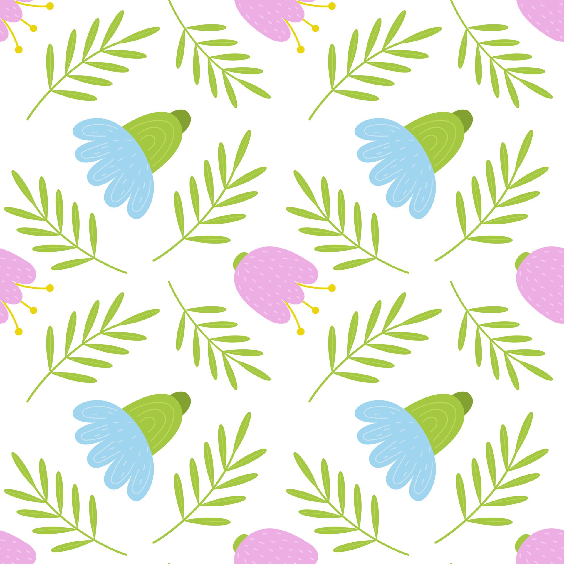 Vector floral pattern in doodle style with flowers and leaves. Gentle, spring floral background. Free Vector