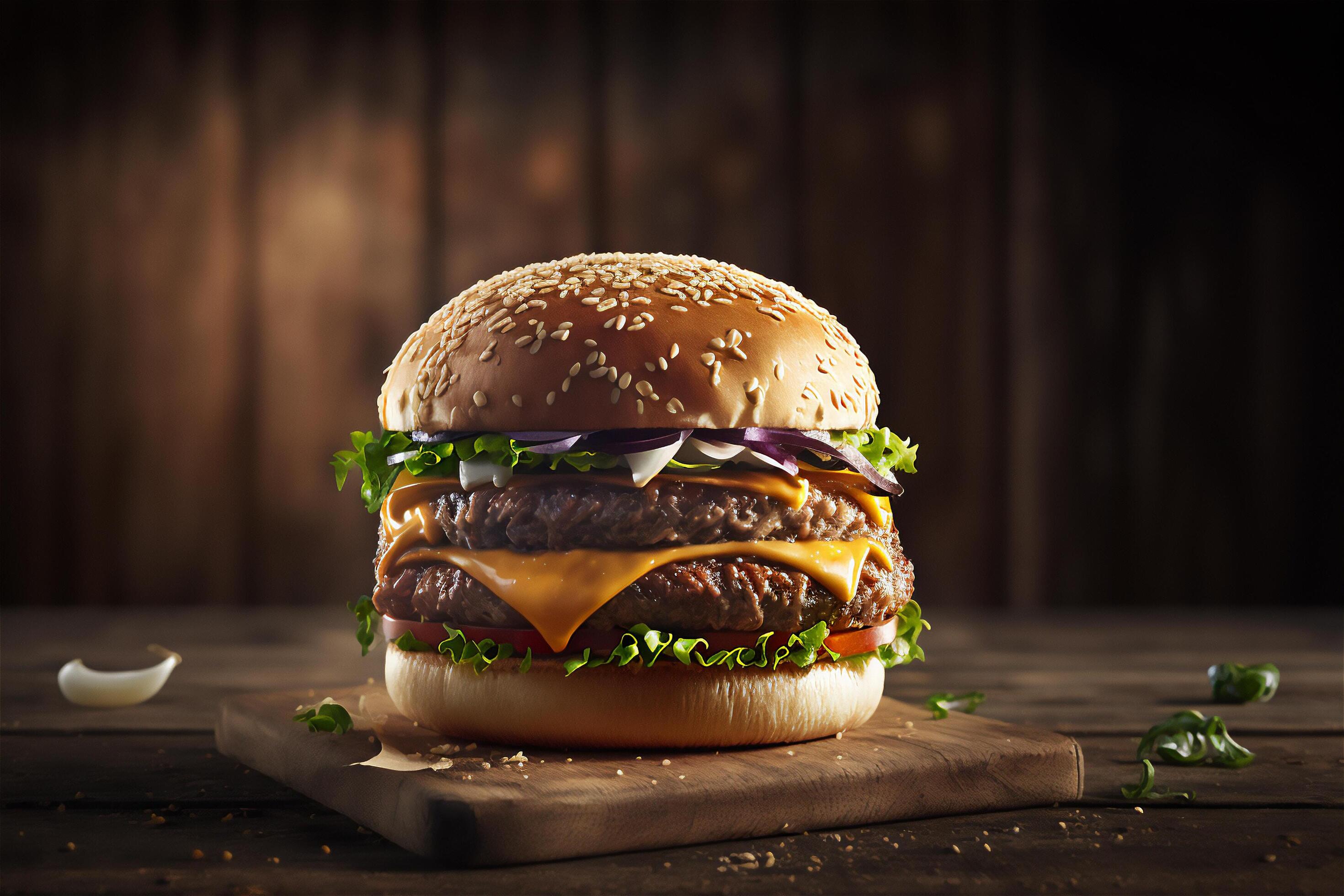 Tasty homemade hamburger on rustic wooden table. Copy space. Advertising. . Fast food snack Stock Free