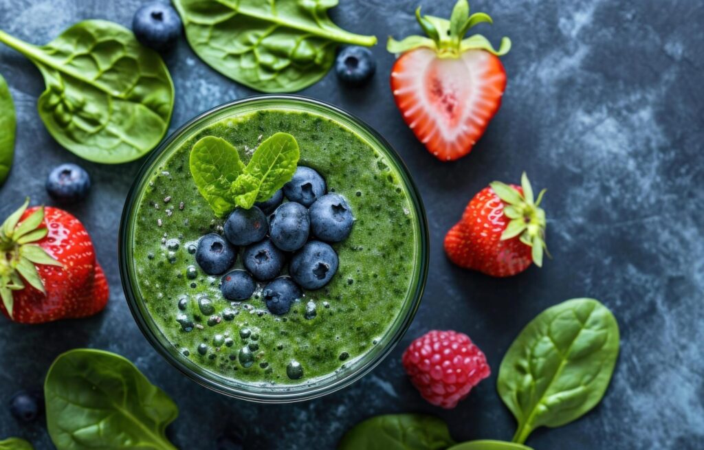 green smoothie with spinach, bananas, blueberries, and strawberries Free Photo