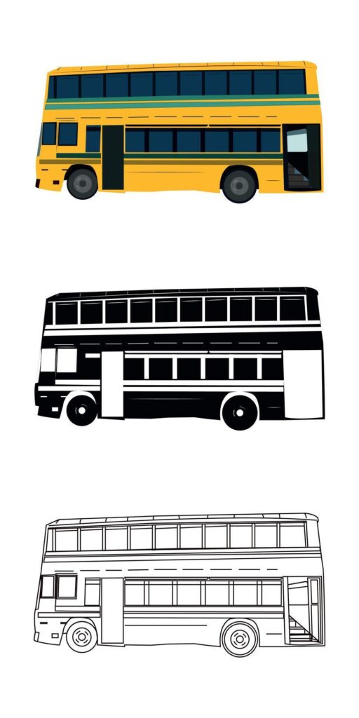 Iconic yellow Double-Decker illustration on a white background. silhouette and line art Stock Free