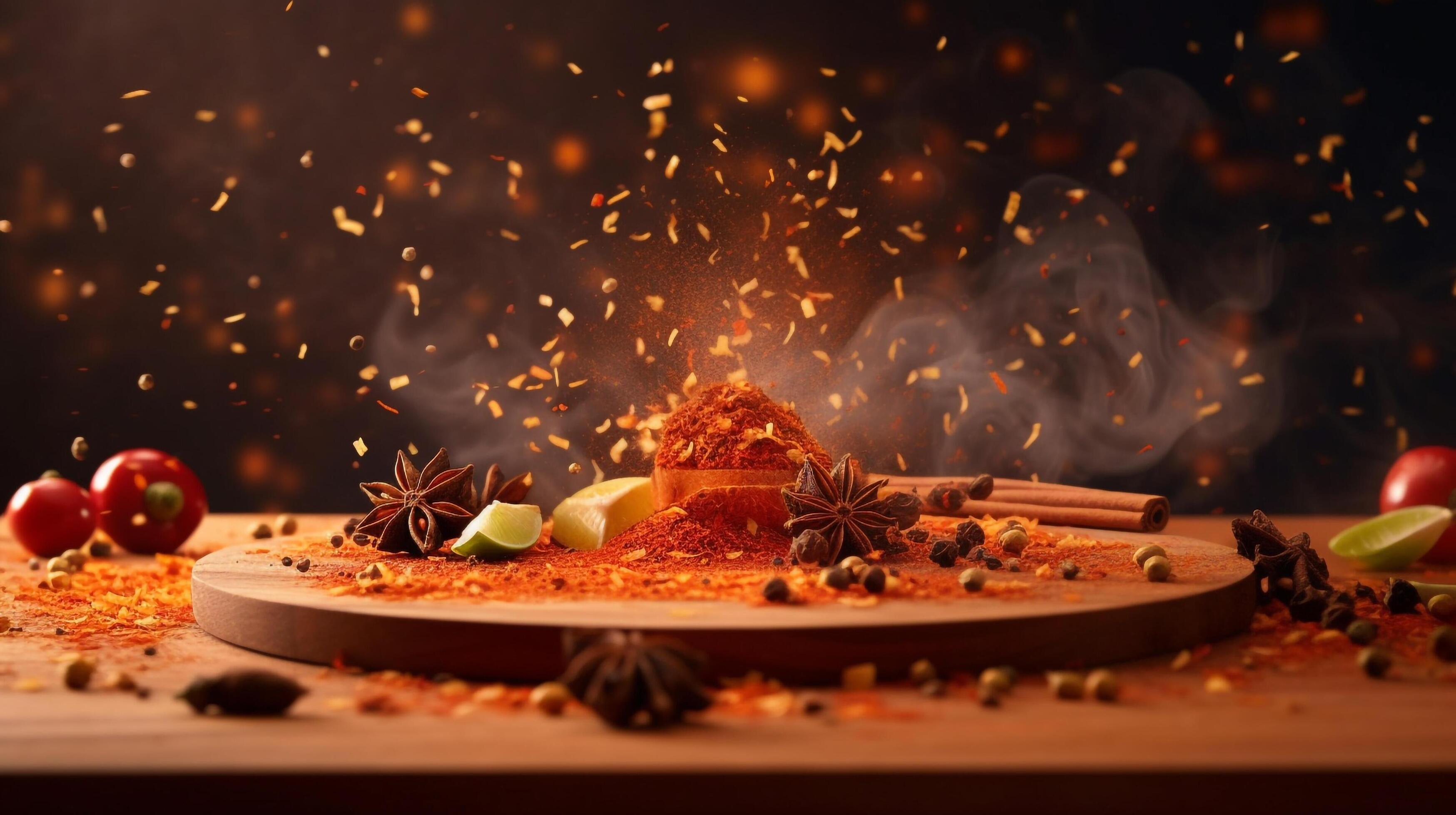 Cutting Board with Spices and Chili Flakes Explosion for Spicy Food Display Stock Free