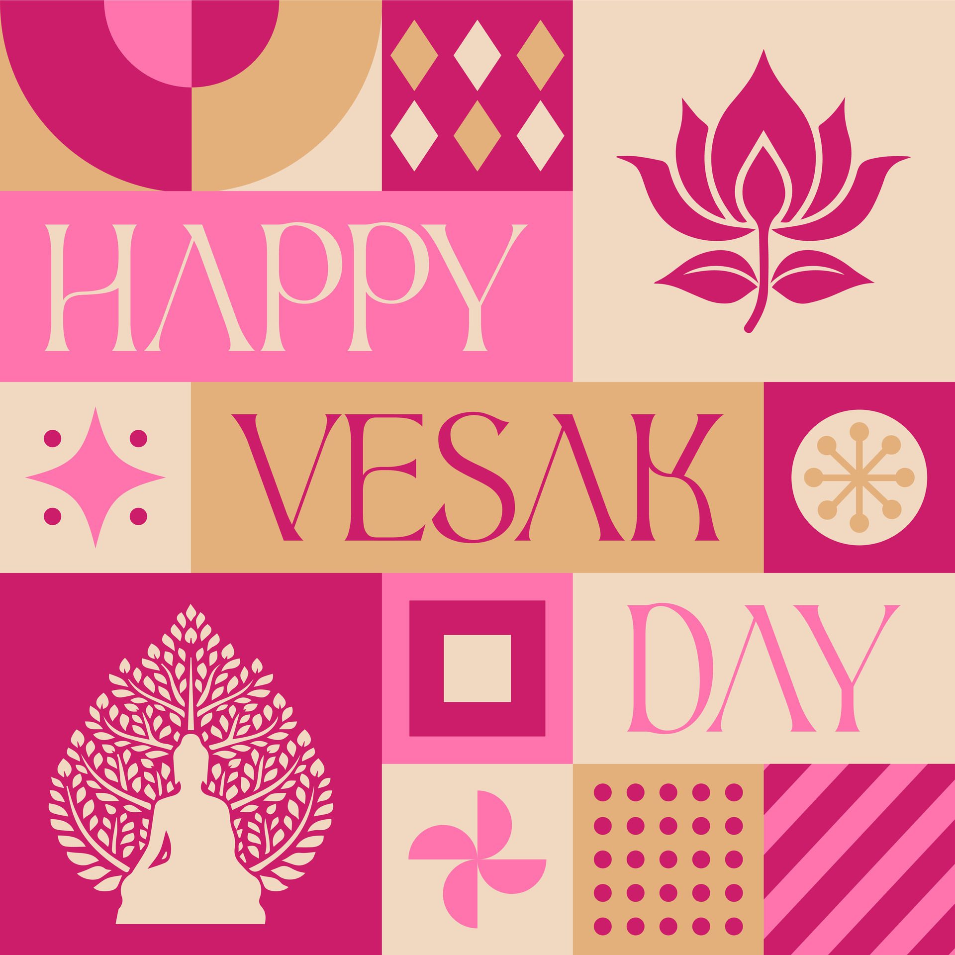 Happy Vesak Day Pray seamless pattern in scandinavian style postcard with Retro clean concept design Free Vector