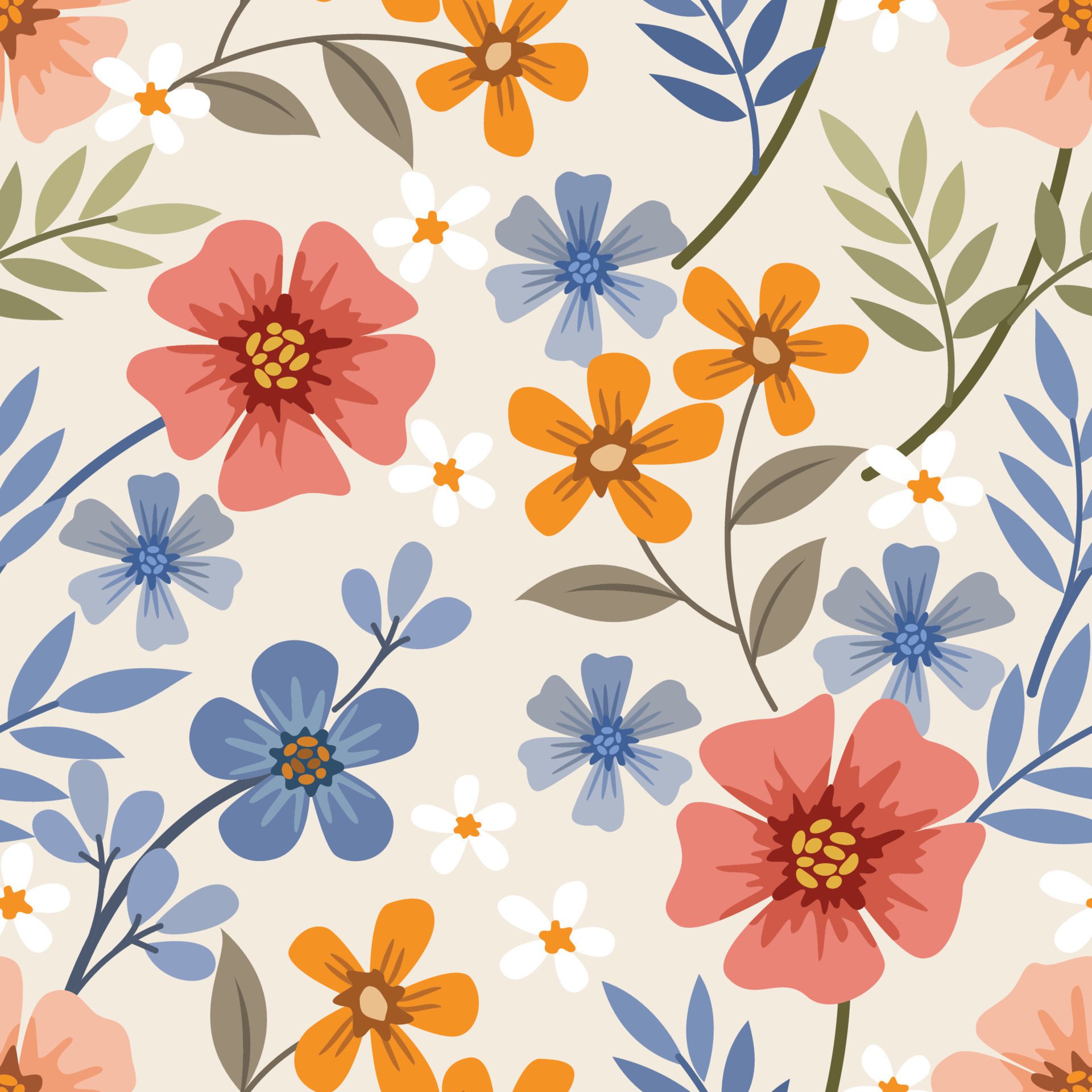 Colorful hand draw flowers on yellow color background seamless pattern Free Vector