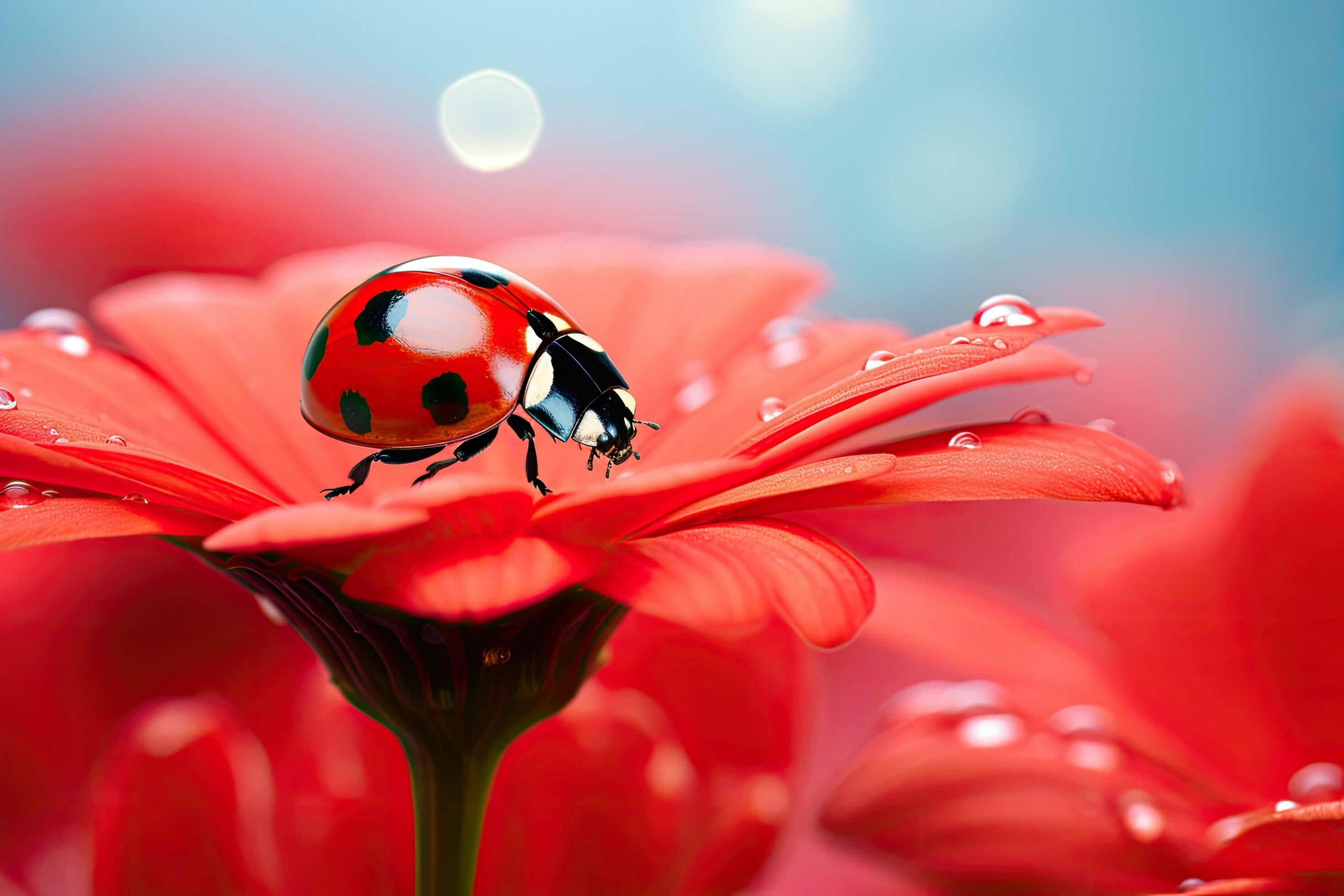 ladybug on red flower petals with bokeh background, A ladybug sitting on a red flower on blurred background, AI Generated Stock Free