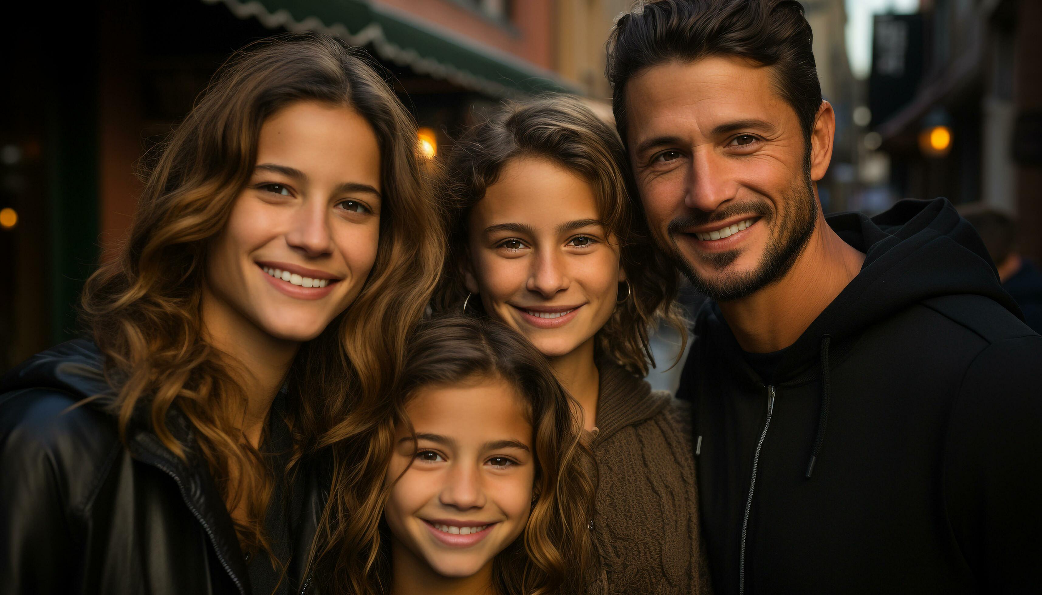 A happy family embracing, smiling, and looking at the camera generated by AI Stock Free