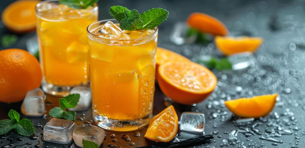 Refreshing Orange Drink With Ice and Mint on Black Background Stock Free