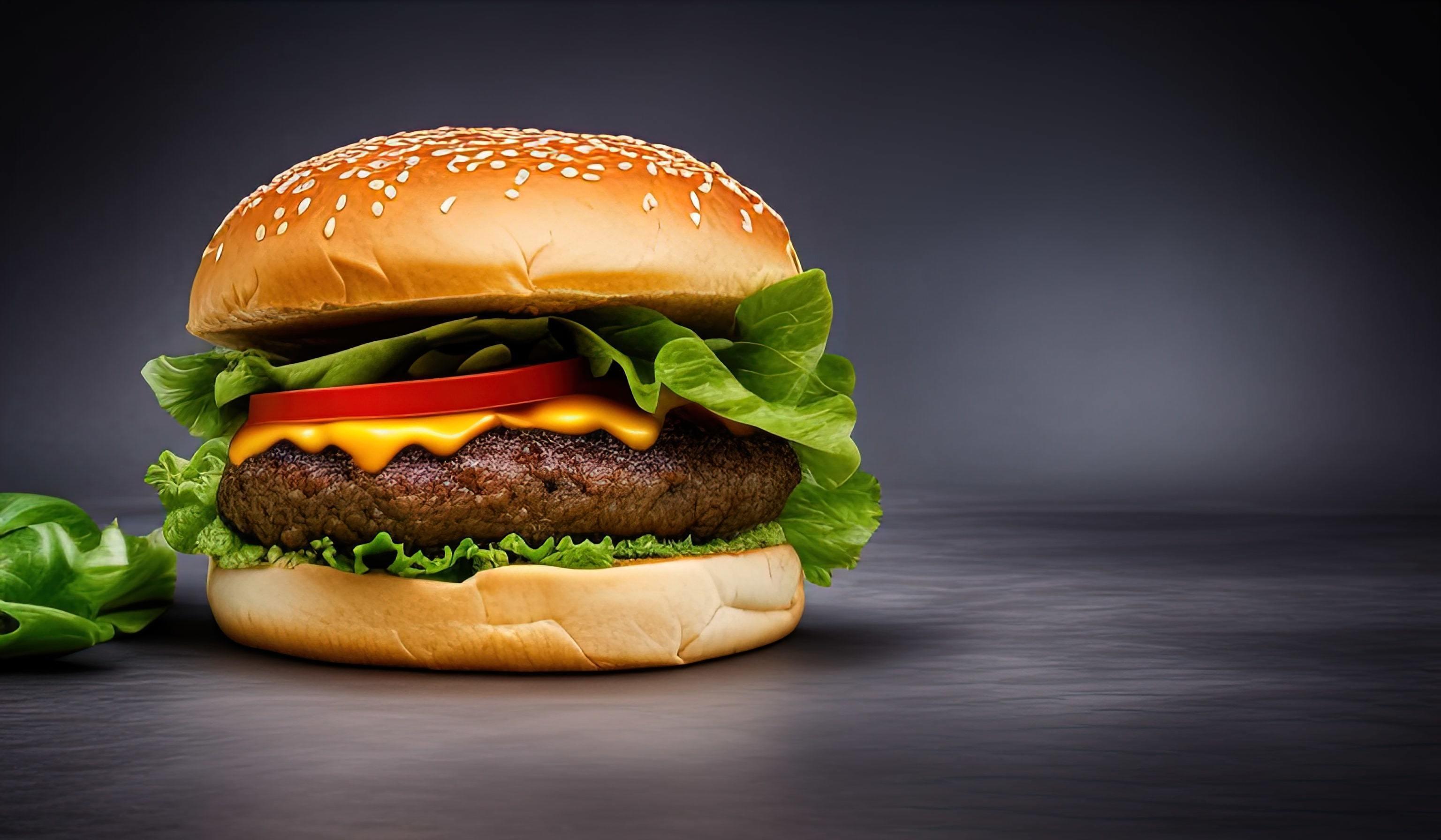 professional food photography close up of a a hamburger with lettuce and tomato on a black backgroun Stock Free