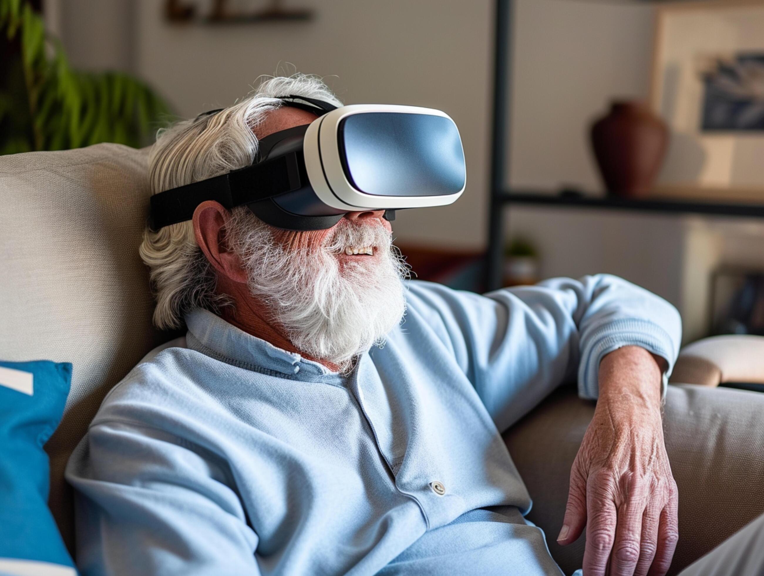 AI generated online education Senior Man wearing VR Headset with Living Room Background AI Generative Stock Free