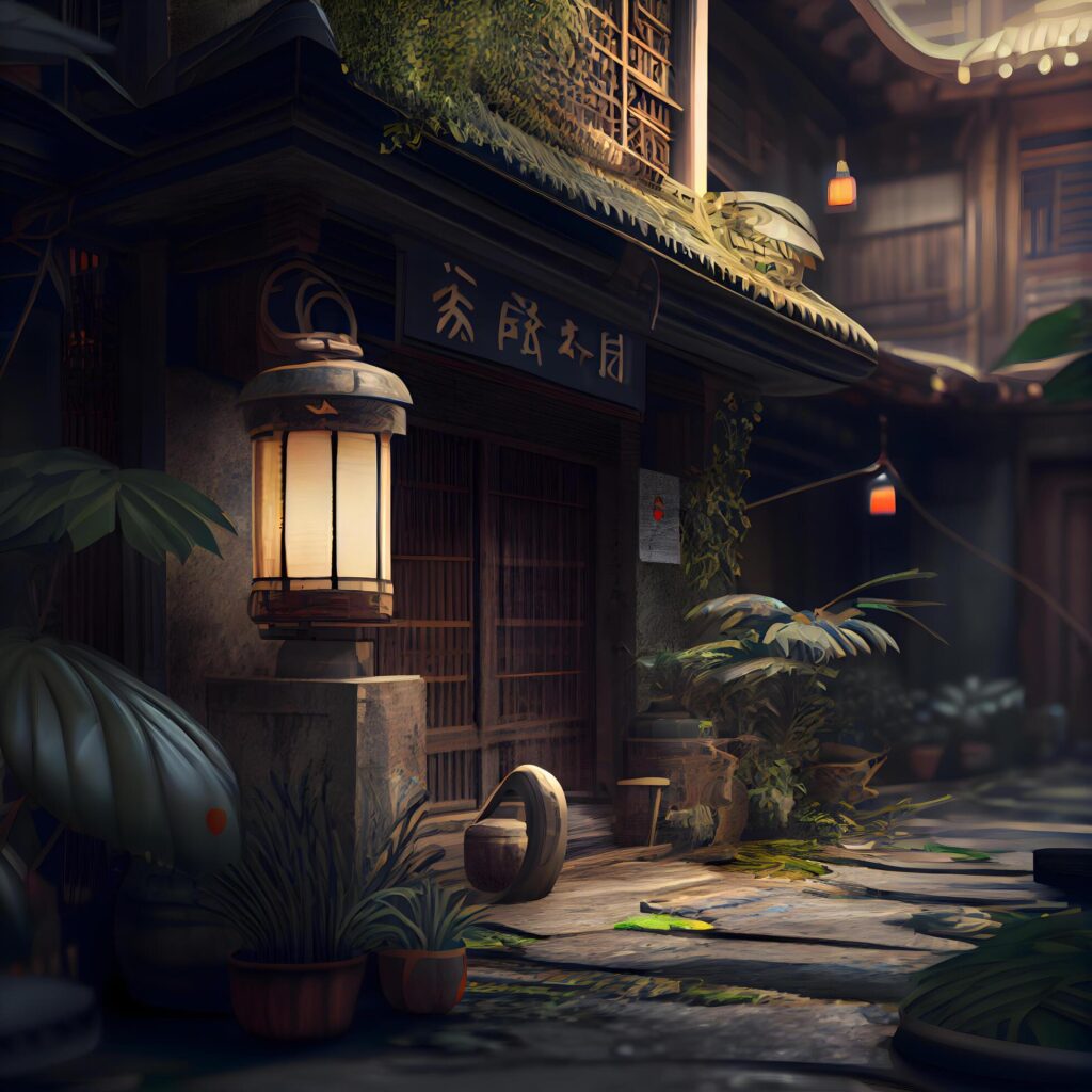 3D rendering of a Chinese traditional house with a lantern and plants, Image Stock Free