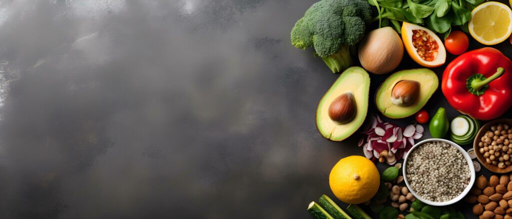 A Selection of Healthy Foods on a Gray Concrete Background. Generative AI Stock Free