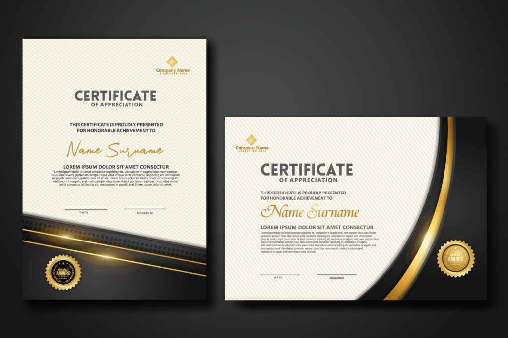 Luxury certificate template with glitter effect dan lines gold shine on frame background Free Vector