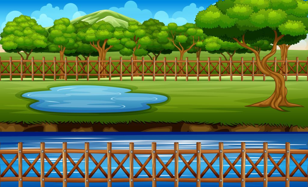 Background scene with wooden fence around park Free Vector