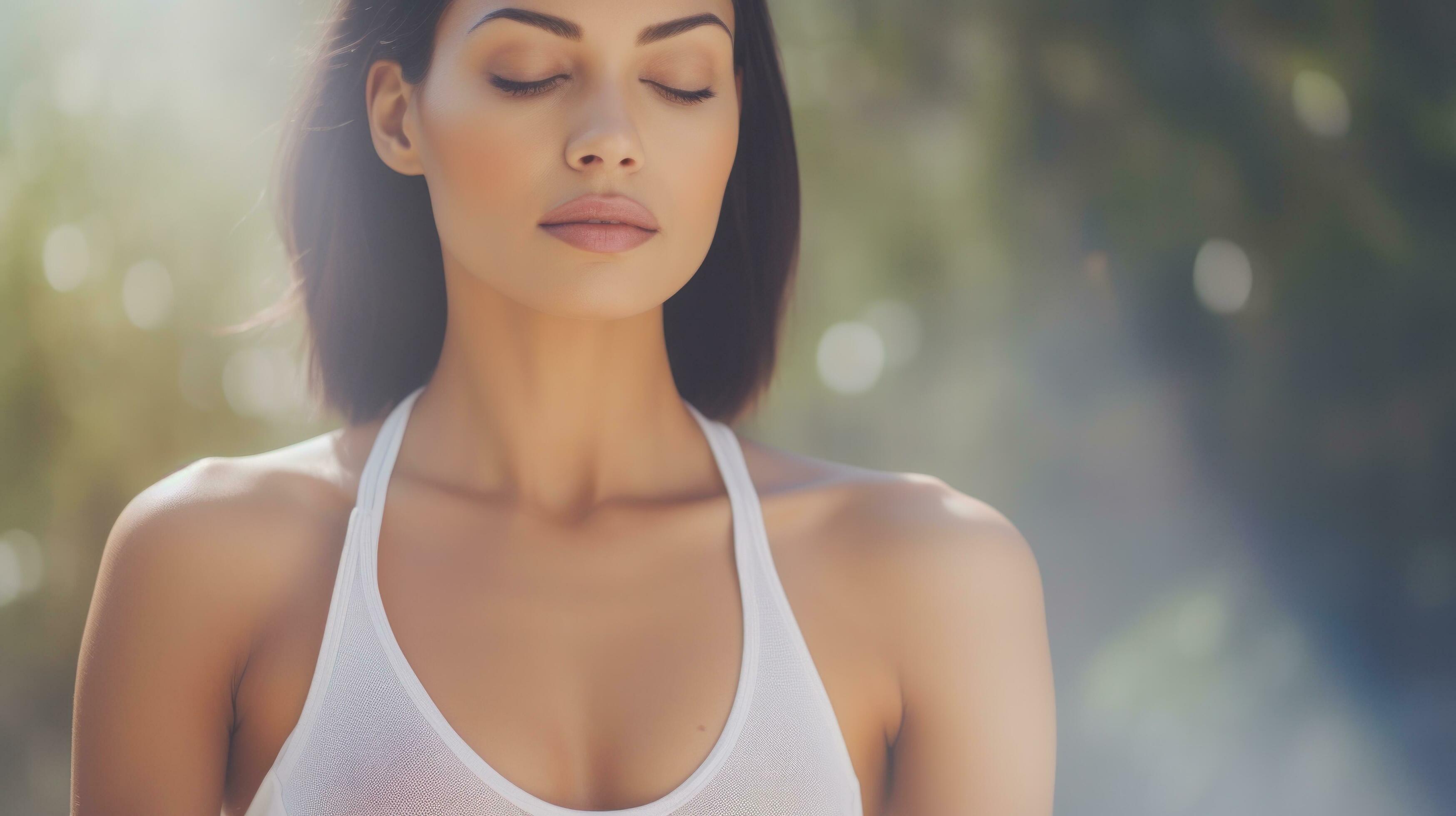 AI generated A woman in a white tank top peacefully meditates, finding inner calm and tranquility. Generative AI Stock Free