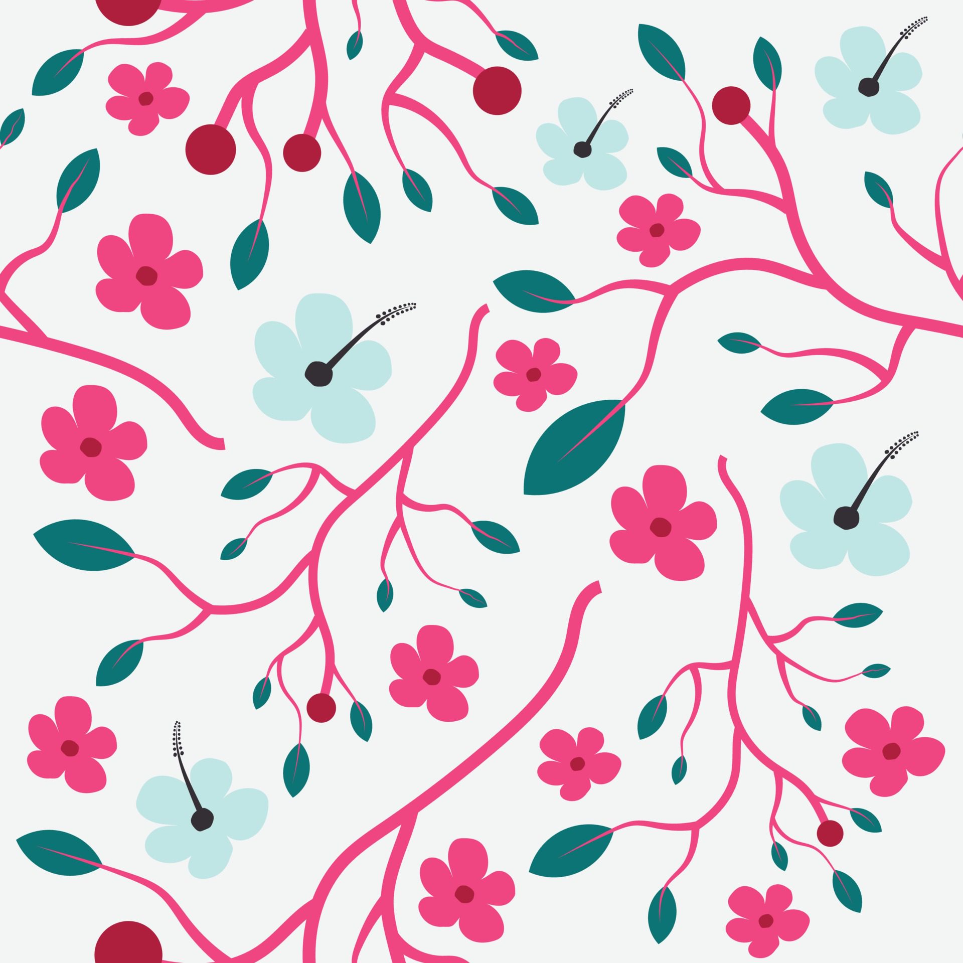 Beautiful and Colorful Seamless Pattern Branch, Flower and leaves Free Vector