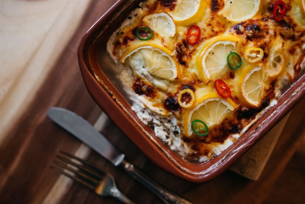 Fish casserole with lemon and herbs Stock Free