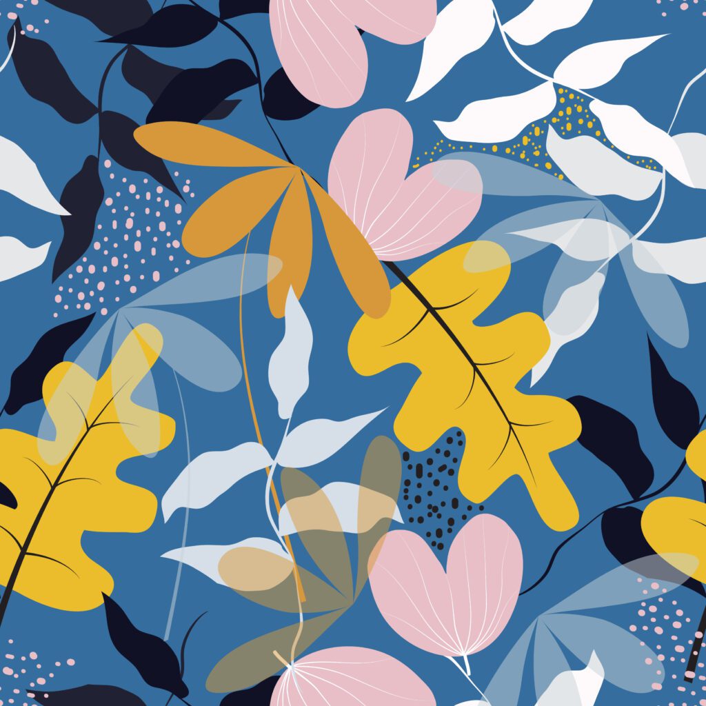 Flowers and leaves on blue background pattern Free Vector