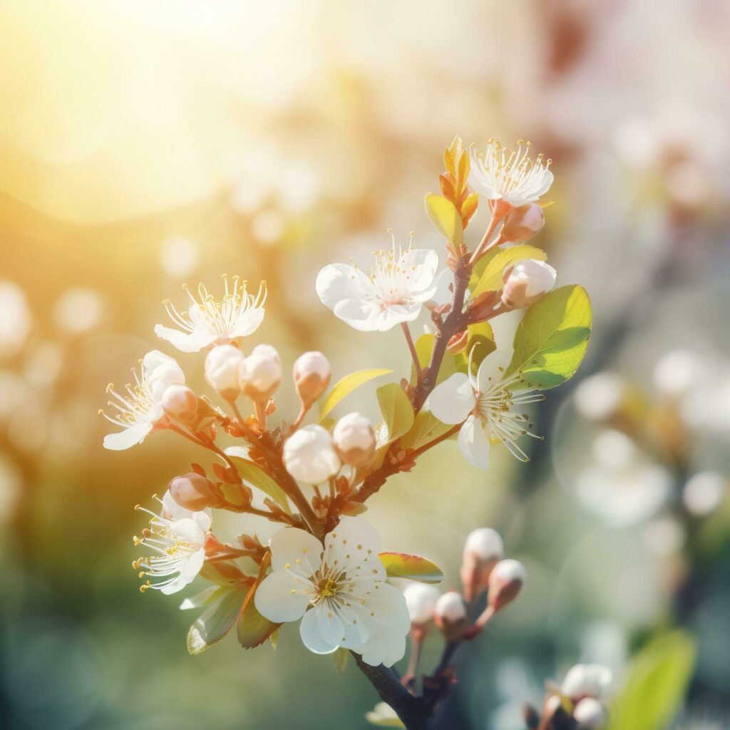 Beautiful nature scene with blooming flowers tree and sun flare, Beautiful Orchard , generat ai Stock Free