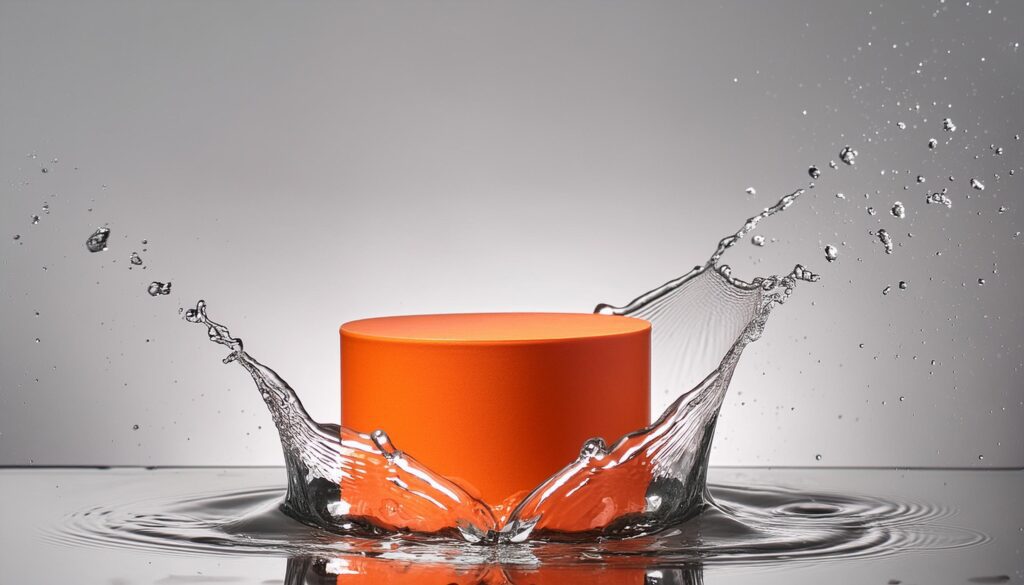 empty orange podium mockup with water splash on a gradient background for product display Stock Free