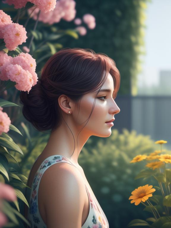 Photorealistic, woman, garden, flowers, by @ai_generated