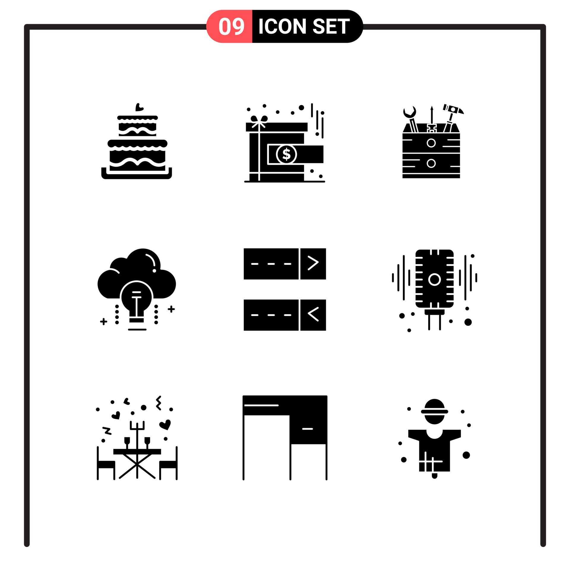 Set of 9 Solid Style Icons for web and mobile. Glyph Symbols for print. Solid Icon Signs Isolated on White Background. 9 Icon Set. Free Vector