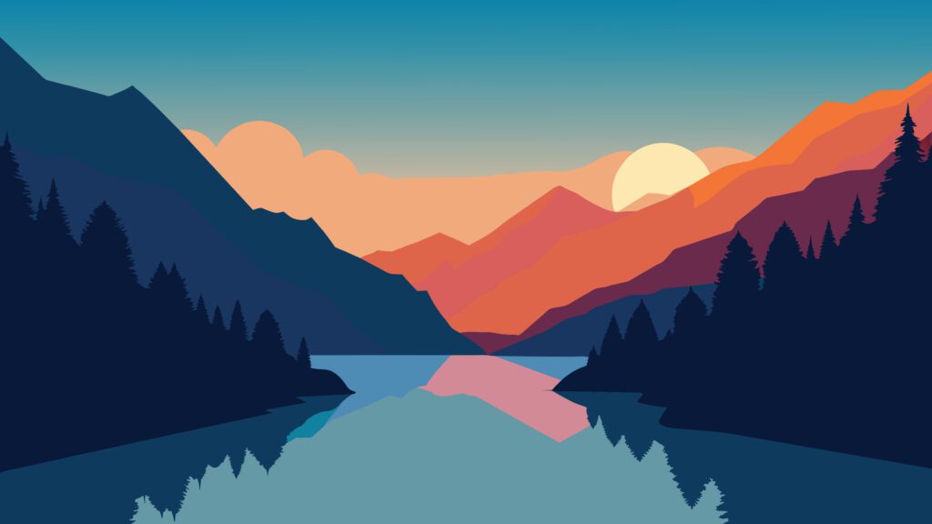 Colorful summer sunrise on the Vorderer Gosausee lake in the Austrian Alps. Austria, Europe. Flat illustration Nature Background Free Vector