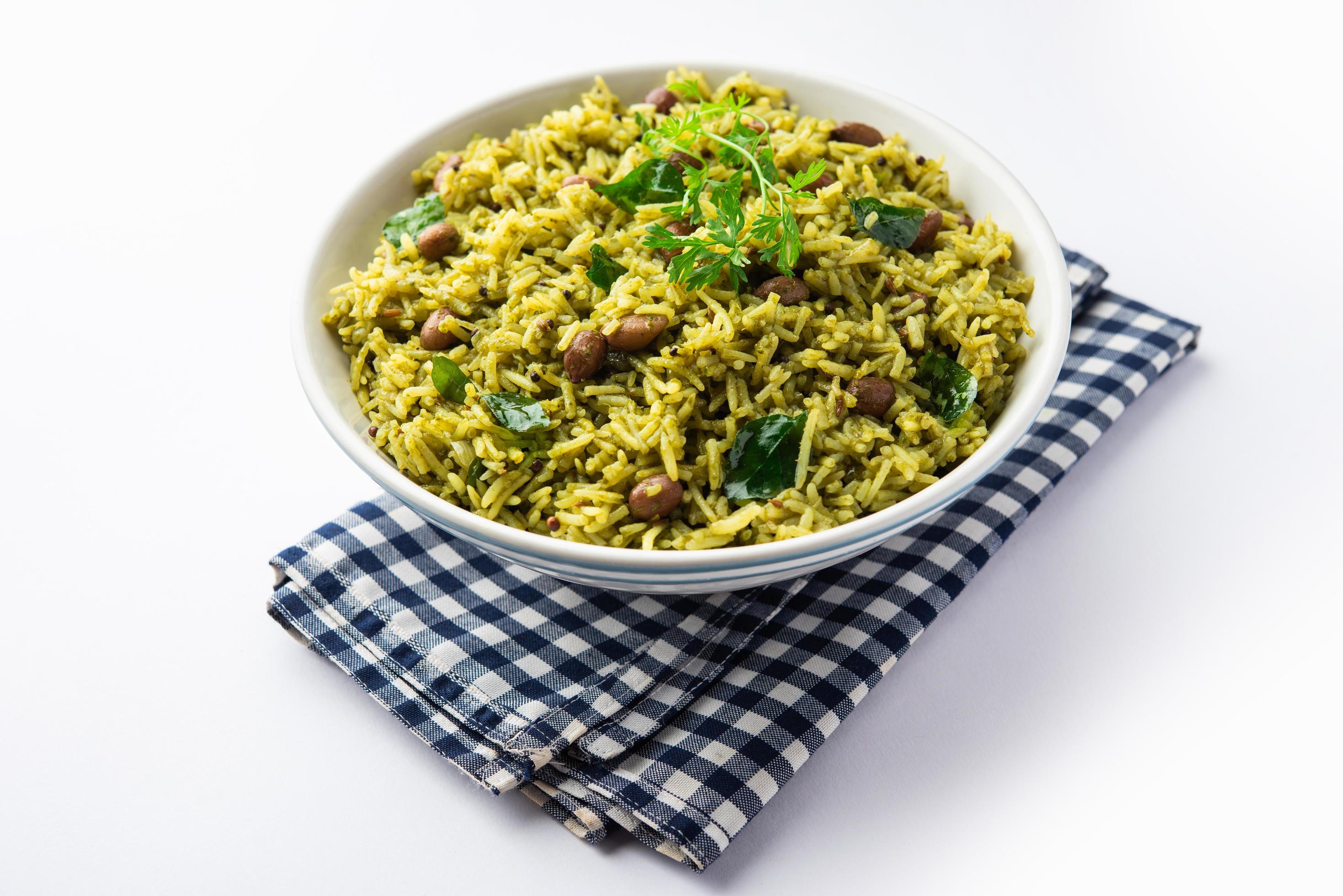 Palak khichdi is a one pot nutritious meal of mung lentils and rice with spinach, Indian food Stock Free