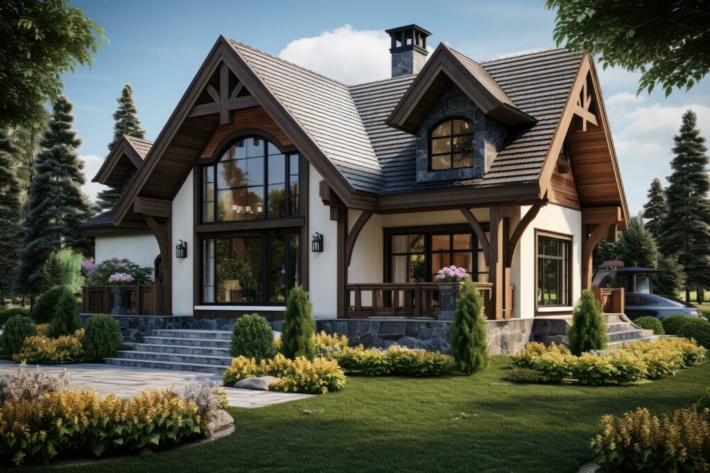 3d rendering of modern cozy chalet with garage for sale or rent, 3d beautiful residential house render, AI Generated Stock Free