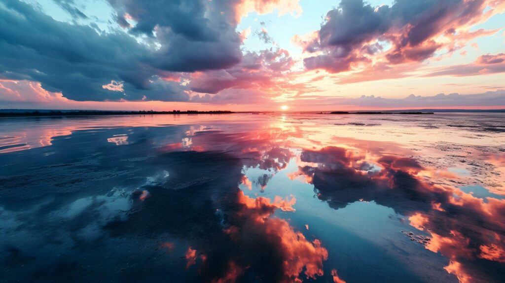 A stunning image of a vibrant sunset with clouds reflected on the wet sand during low tide Free Photo