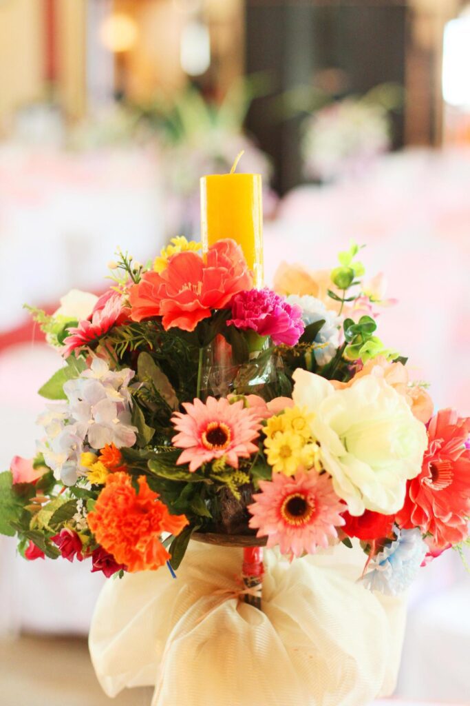 Beautiful flowers bouquet with candle light decoration objects of wedding Stock Free