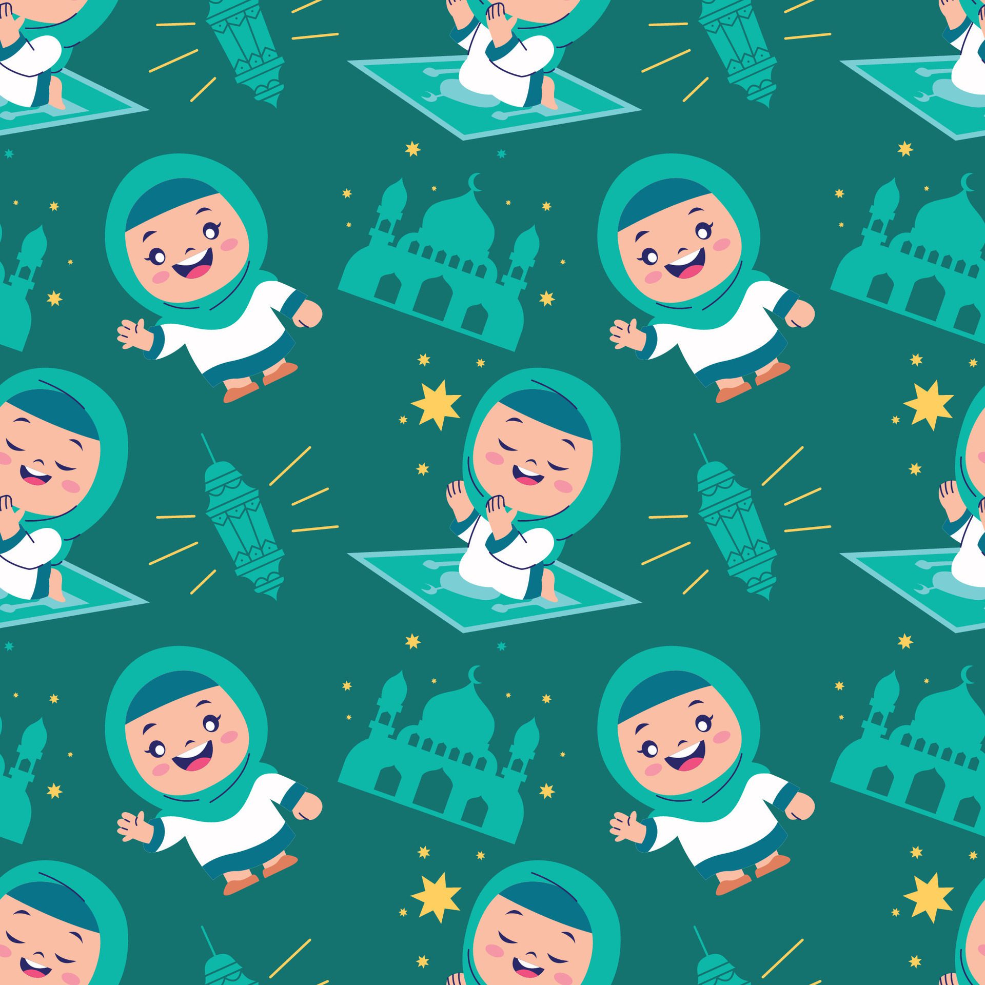 CUTE ISLAMIC GIRL IN HIJAB WITH MOSQUE AND LANTERN RAMADAN SEAMLESS PATTERN Free Vector