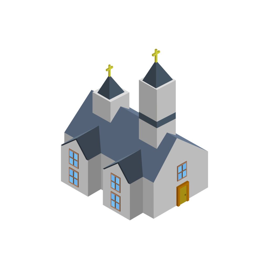 Isometric church on a background Free Vector