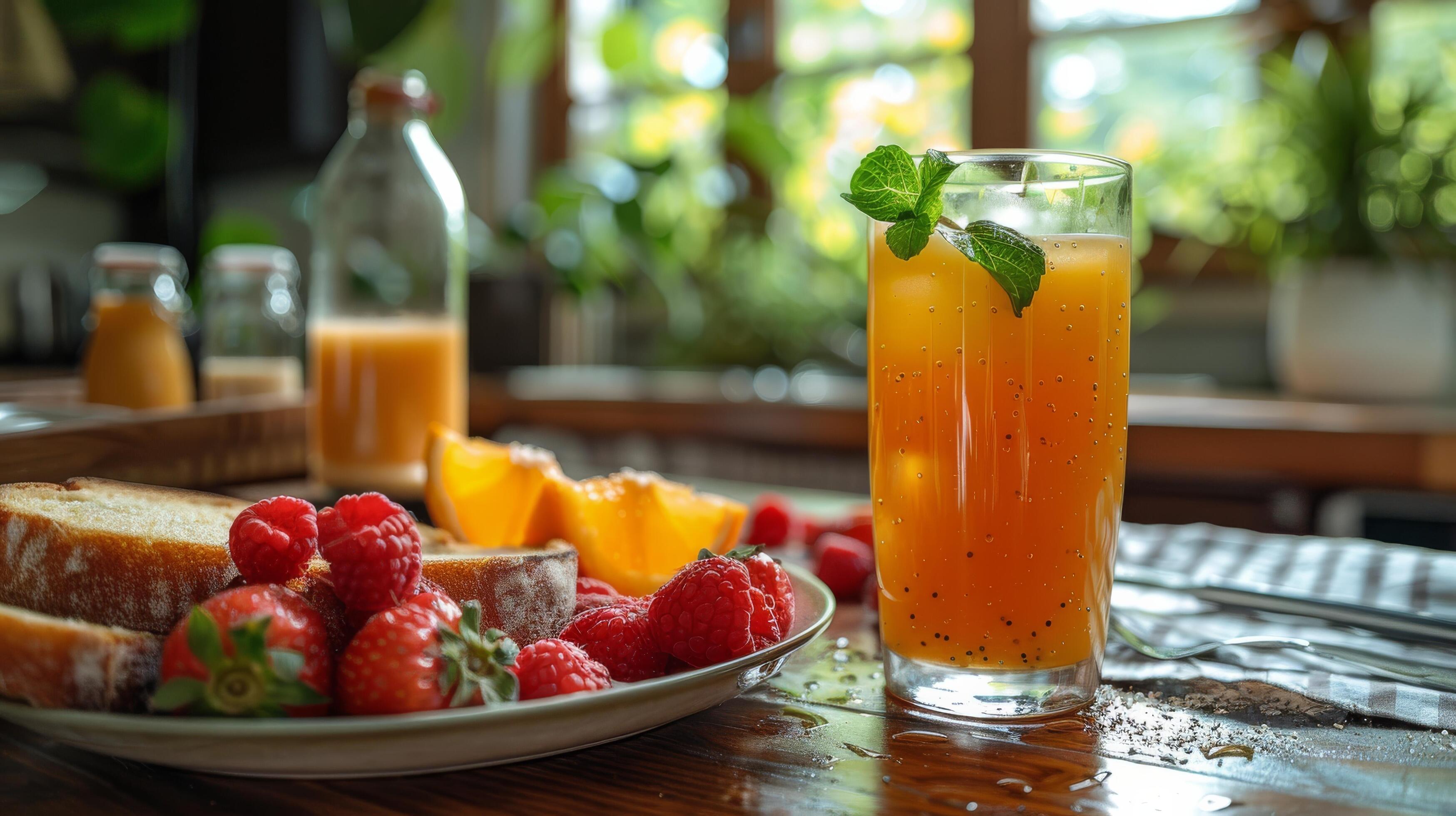 Wooden Table With Fruits and Glass of Orange Juice Stock Free